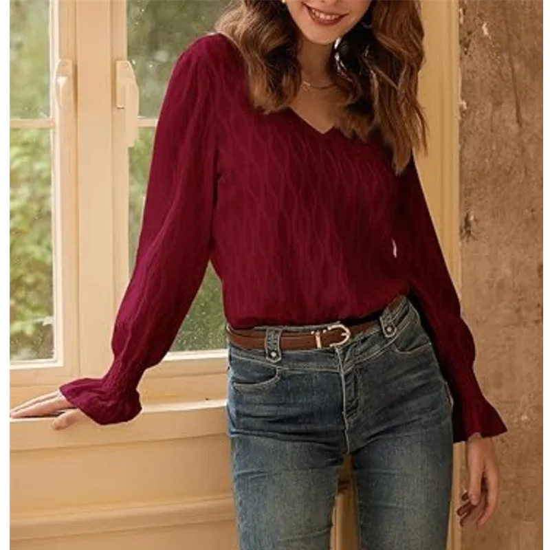 Solid Color V-Neck Regular Shoulder Flared Sleeve T-Shirt Women's Spring Autumn Europ-American Fashion Base Layer Slim Fit Top