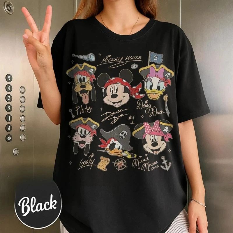 2025 ريترو القراصنة ميكي والأصدقاء تي شيرت للرجال والنساء المألوف عادية مستديرة الرقبة قصيرة الأكمام الرياضة فضفاضة