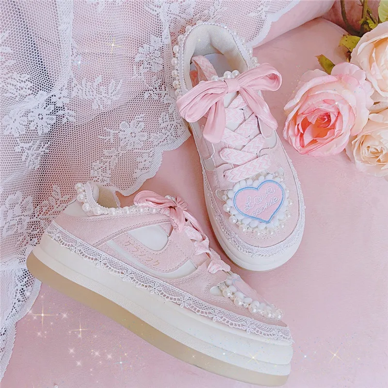 Heart Pearls Platform Sneakers Women Cute Thick Soled Casual Shoes Ladies Chunky Trainers Sweet Bow Lolita Sport Vulcanize Shoes