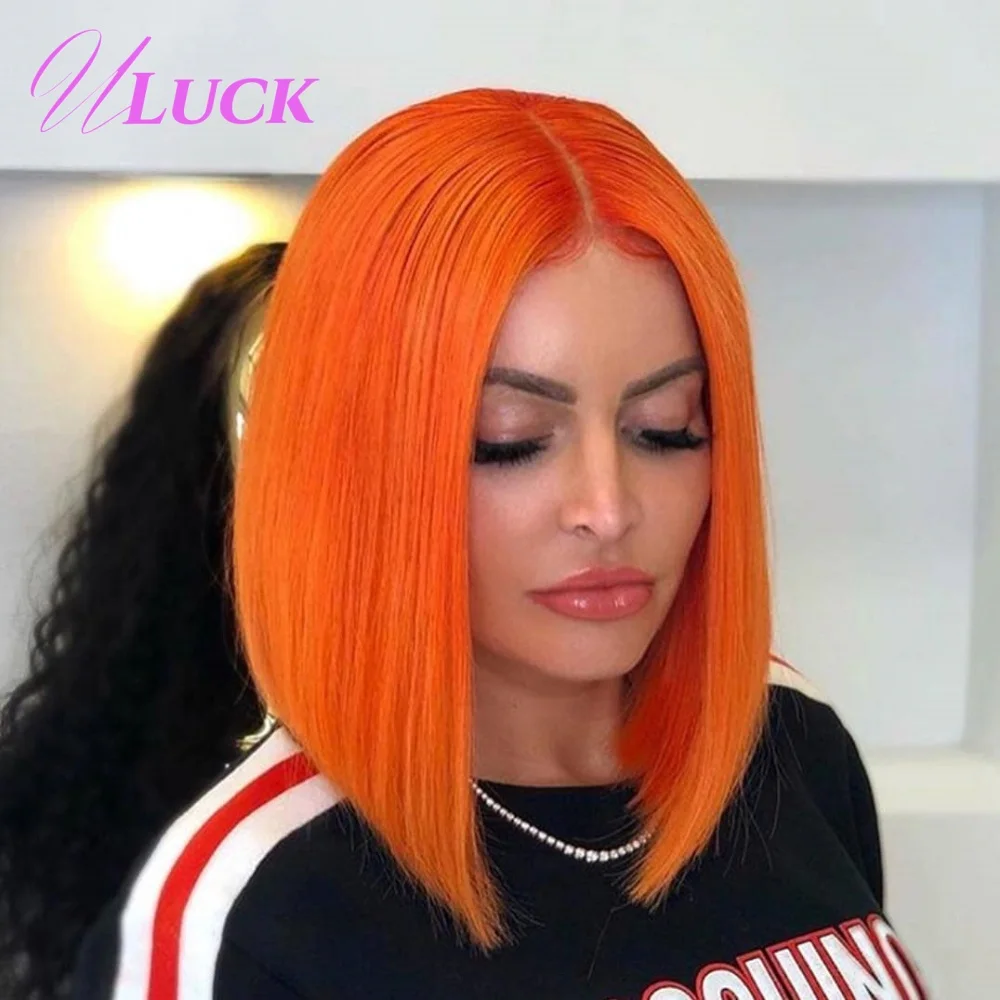 

Uluck Orange Colored Double Drawn Short Straight Bob Wig Brazilian Human Hair Wigs 200% Density 13x4 Lace Frontal Wigs For Women