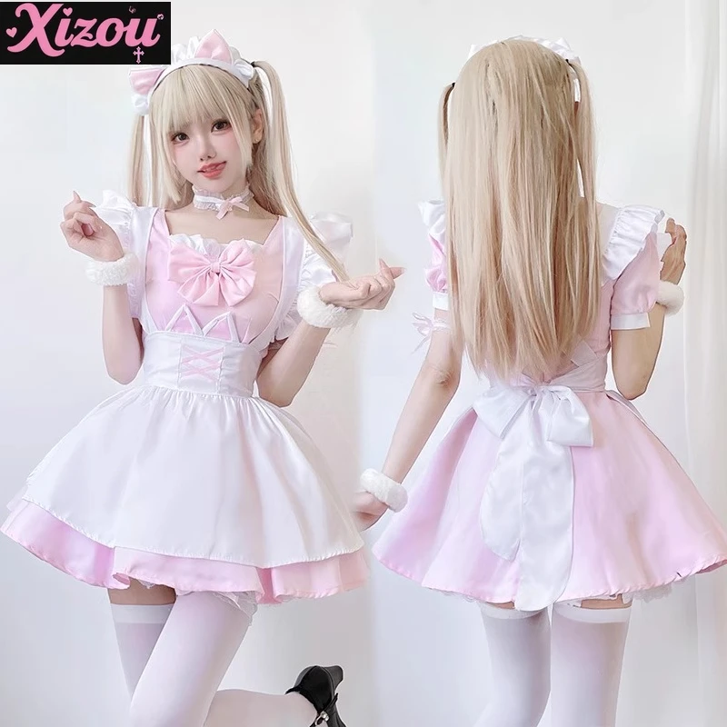 

Японское розовое платье с бантом и милым котом, милое платье с короткими рукавами на талии, мягкая униформа для сестры, аниме, кошки, униформа горничной, весна и лето для женщин