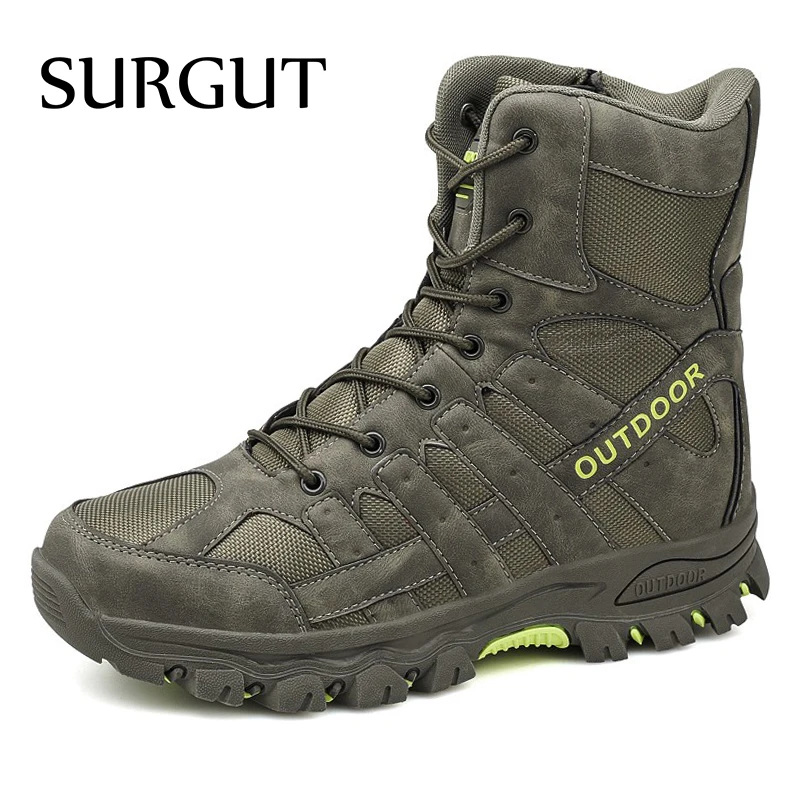 

SURGUT Men Desert Boots Autumn Winter Combat Male Ankle Boots Lace Up Motorcrycle Boots Non Slip Outdoor Hiking Shoes Size 39~47