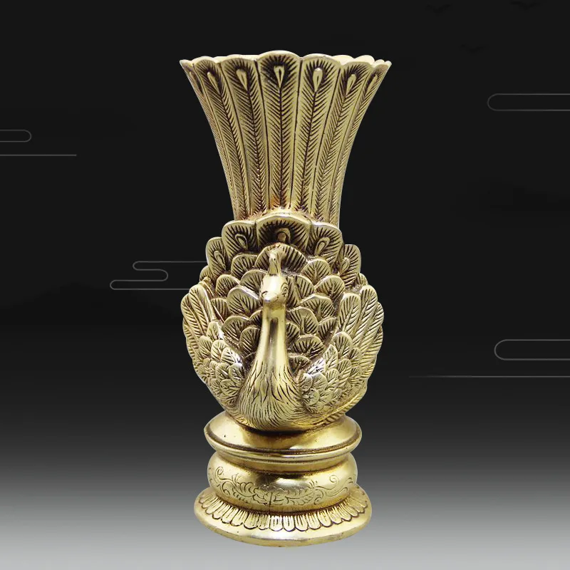 Brass Used Peacock Open Screen Vase Home Decoration Art 3