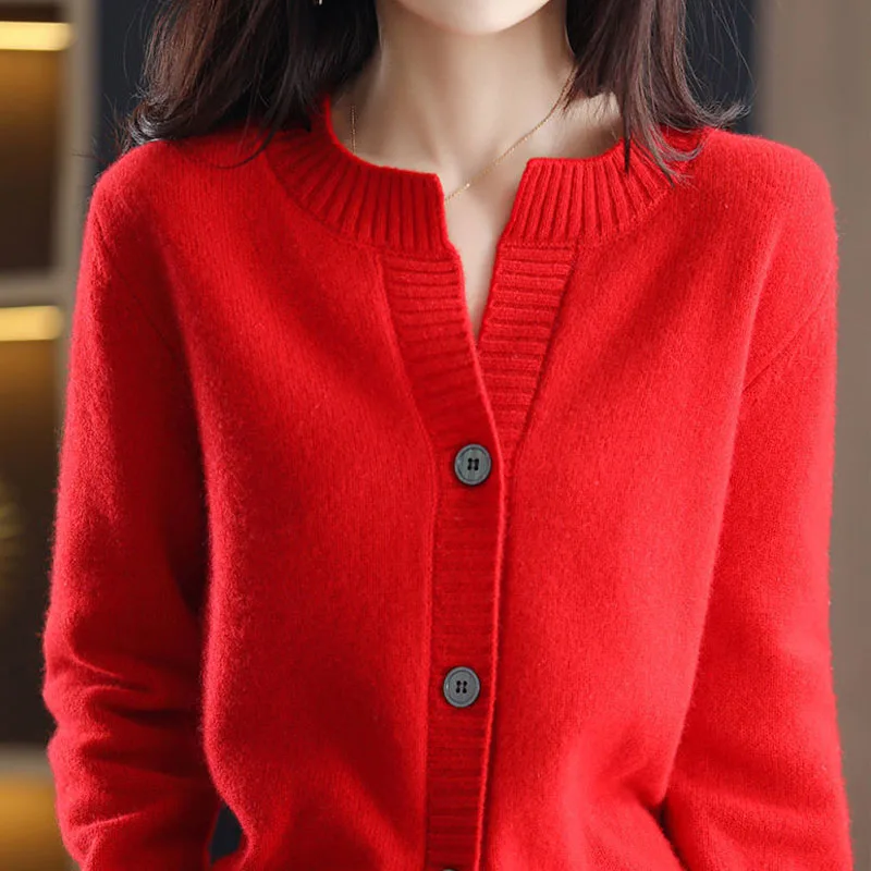 Autumn Winter Lady Fashion Simplicity Solid Color Knitted Cardigan Casual Loose Single-breasted V-Neck Sweaters Women\'s Clothing