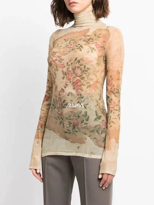 

Autumn And Winter New 2023 Women's ClothingBlue Leopard Print Floral Print Semi See-through Turtleneck Long Sleeve T-shirt 1021