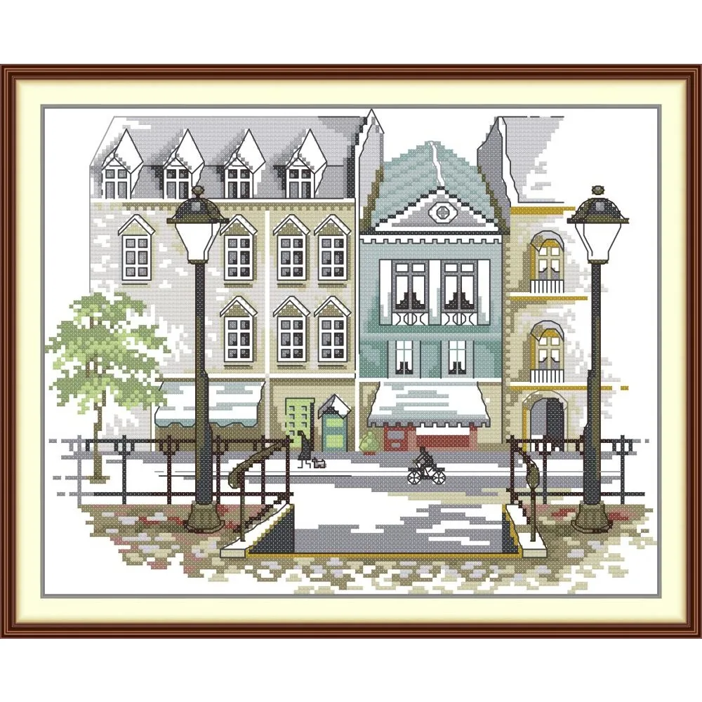 Joy Sunday News Pre-Printed Cross Stitch Kit, Stamped Aida Fabric with DMC Threads, Embroidery Kit - Street Scenes 11