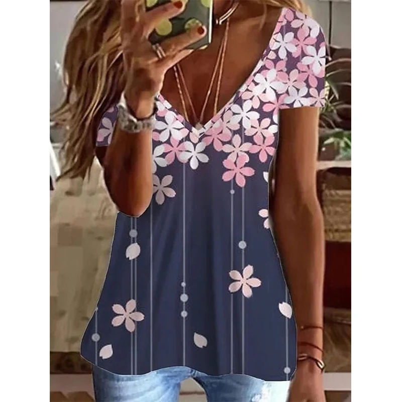 Abstract Graphics Floral 3D Print T Shirts Women Short Sleeve V-Neck T Shirt Streetwear Oversized Tops Harajuku Tees Clothing
