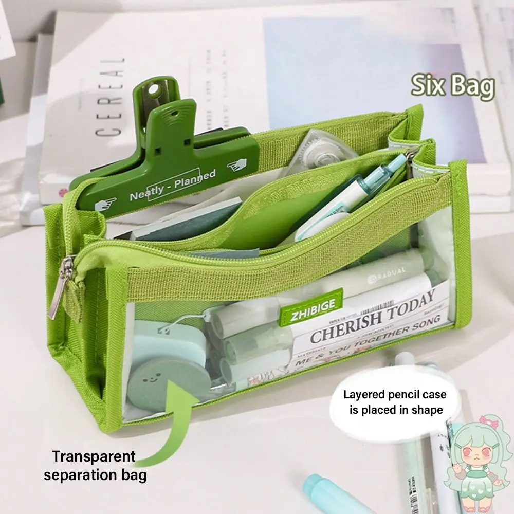 Learning Supplies Transparent Large Capacity Six Layer Pen Bag Stationery Organizer Pen Case Pencil Box