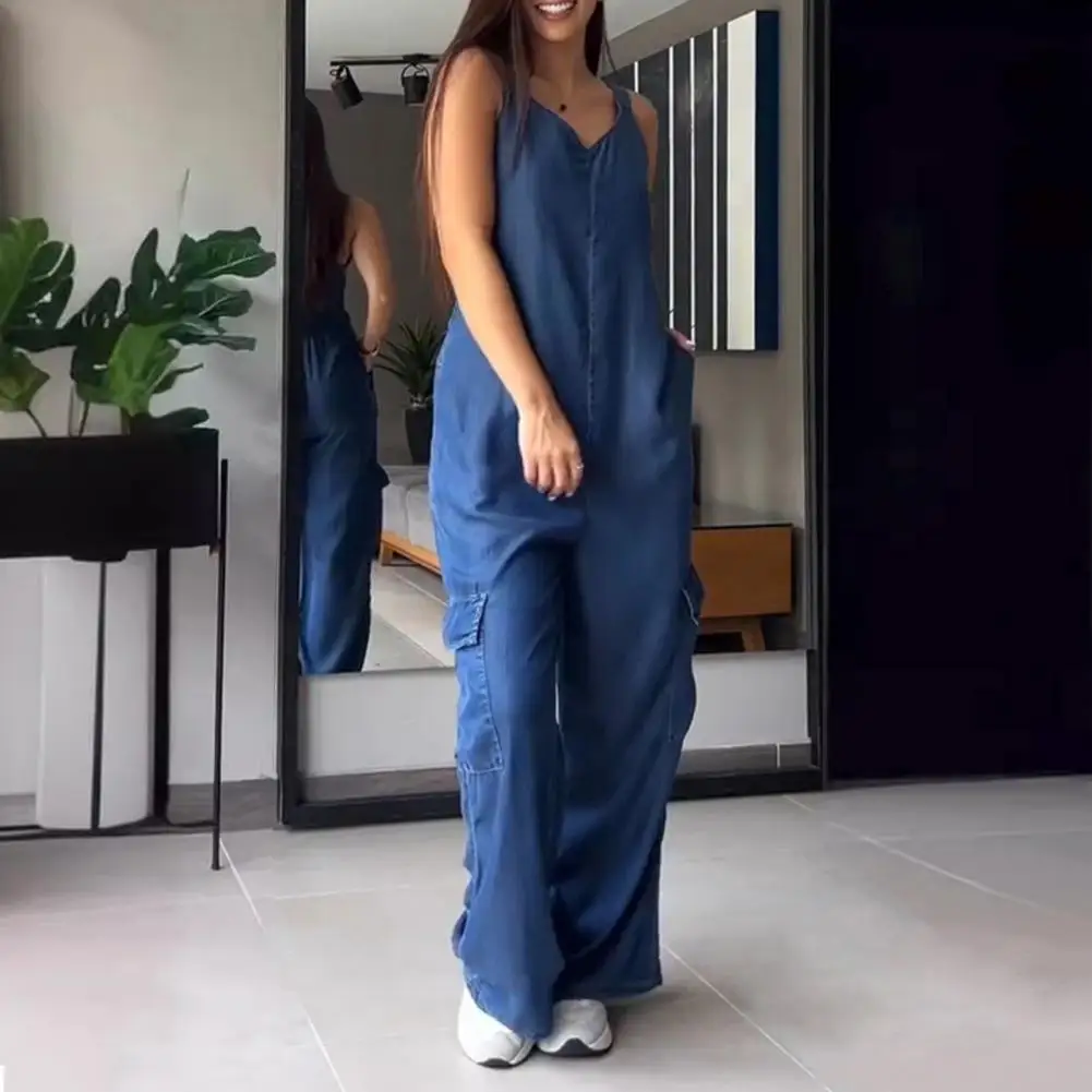 

Women Solid Color Jumpsuit Stylish Women's Jumpsuit With Wide Legs Multiple Pockets V-neck Design For Wear Travel Comfort