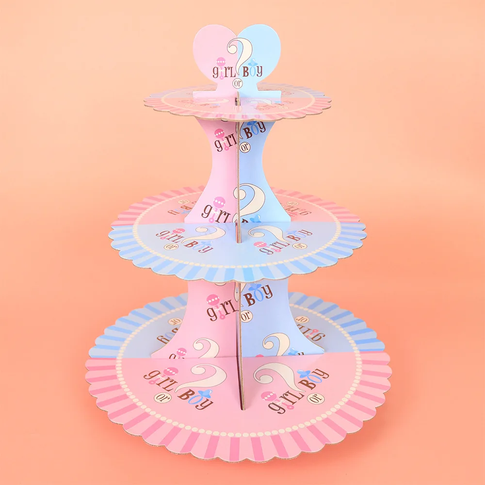 Gender Reveal Party Cupcake Stand Boy or Girl 3-Tier Disposable Dessert Display Rack for Kids Birthday Baby Shower Party Decor