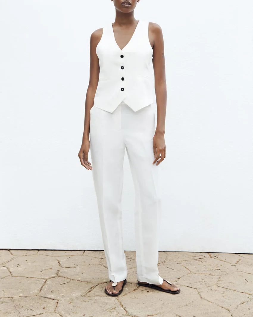 

Весенний новый белый жилет из смешанной ткани, прямые брюки с высокой талией, модный женский комплект из хлопкового материала