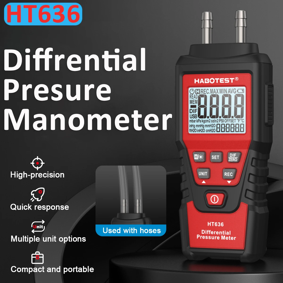 HT636Digital Pressure Gauge Manometer Surface Pressure Difference Measurement Differential Pressure Gauge Air Precision Detector