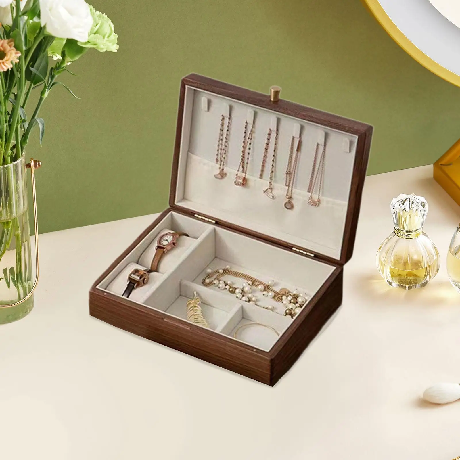 صندوق مجوهرات خشبي للنساء، ديكور عصري خفيف الوزن، نعش مجوهرات مقاوم للغبار للمعلقات والخواتم والأساور والسفر