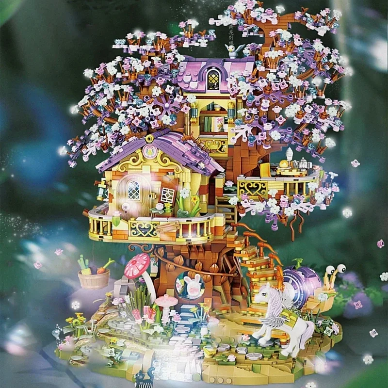 Kreative LOZ Mini EIf Baum Haus Leucht Ziegel Bausteine DIY Stadt Street View Kirschblüte Modell Spielzeug Für Kinder Geschenk