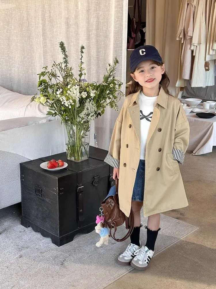 소녀의 트렌치 코트 봄과 가을 어린이 서양 영국 스타일 중간 길이 재킷 110-160cm