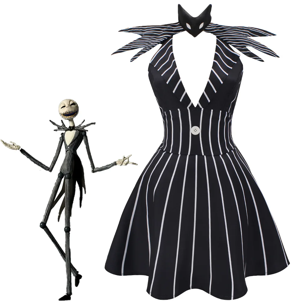 Anime Jack Skellington Cosplay Costume Christmas Outfit Black Stripe Dress For Woman Halloween Party Fancy Demon Clothes