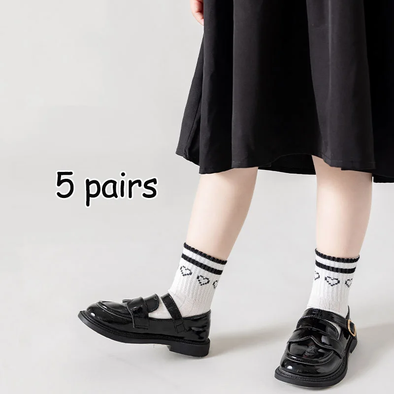 5 pairs of children\'s socks girls spring and autumn thin mesh socks students mid-tube sports socks absorb sweat and do not smell