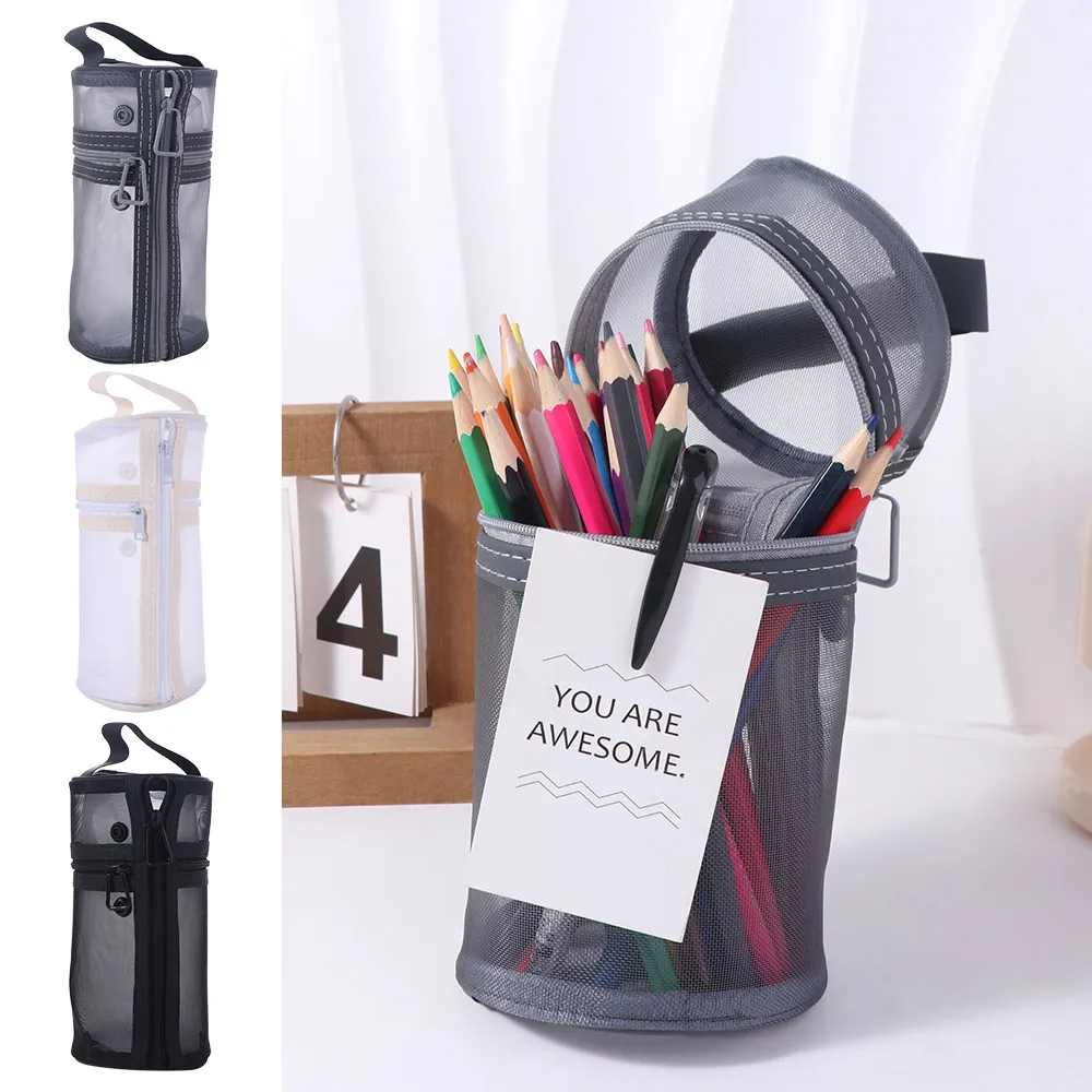 Simple Makeup Brushes Storage Bag Portable Large Capacity Mesh Pencil Case Standable Vertical Stationery Storage Organizer