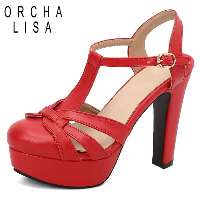 

ORCHA LISA Brand New Summer Sandals Round Toe Block Heels 12cm Platform 3.5cm Buckle T-strap Plus Size 48 49 50 Dating Shoes