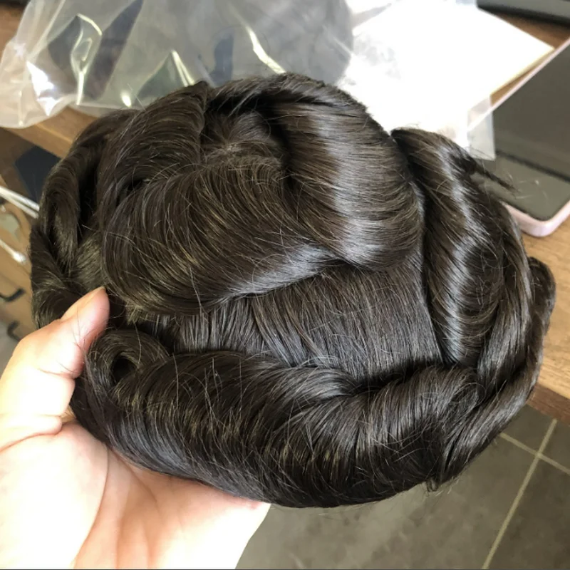 دائم 0.1 مللي متر بولي الجلد قاعدة الرجال الشعر المستعار الهندي الشعر البشري الرجال الشعرية الاصطناعية رمادي براون Male130% نظام استبدال الكثافة #6