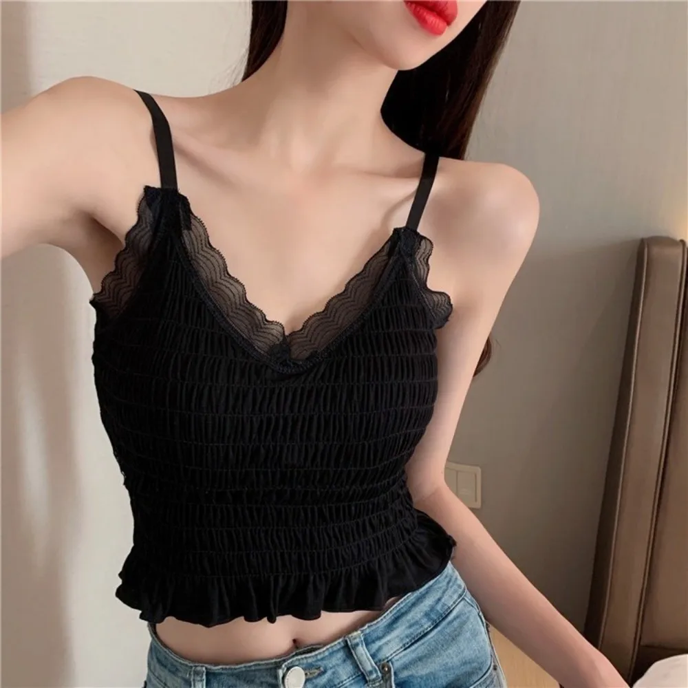 Comfortable Versatile Camisole Lace Soft Tank Tops Built In Bra Elastic Fabric Crop Tops for Women