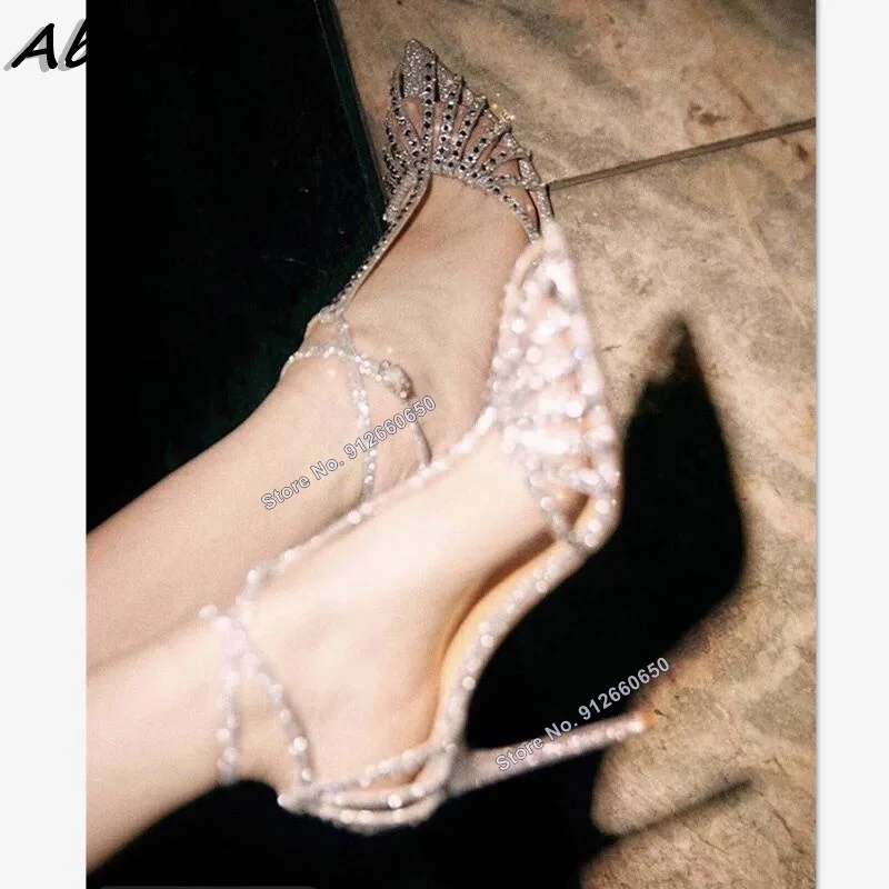 Abesire T-strap Crystal Sandals for Women Ankle Strap Silver Bling Stilettos High Heels Women Shoes on Heels New Wedding Shoes