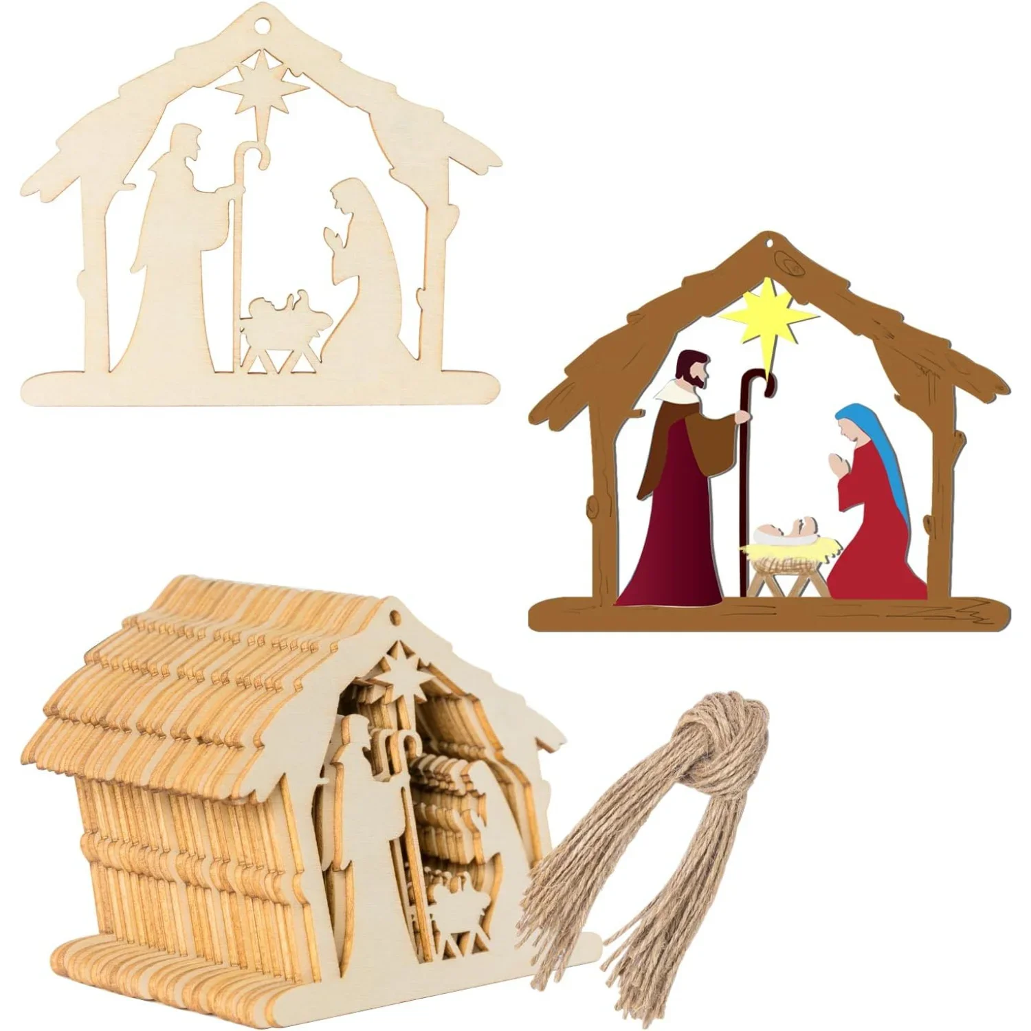 2026 Latest Top Multi-size Wooden House Chips Nativity Manger Hanging Ornaments Christmas Decor