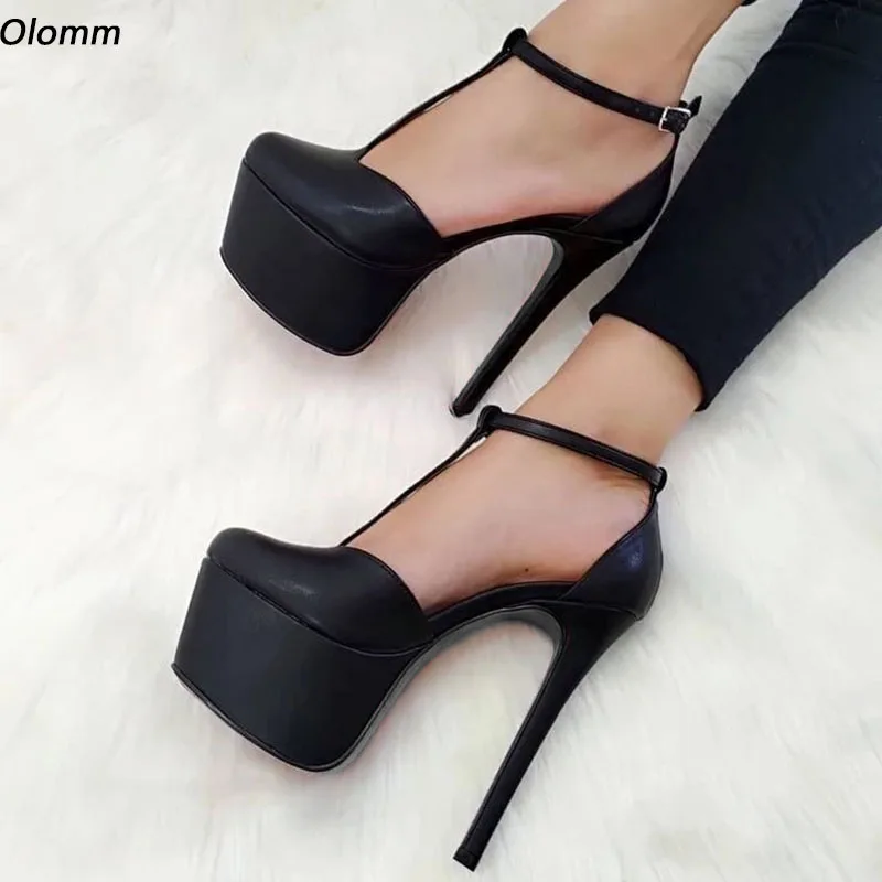 

Olomm/женские туфли-лодочки ручной работы с Т-образным ремешком, пикантные туфли на шпильке с круглым носком, элегантные черные туфли для вечеринок, женские американские большие размеры 5-20