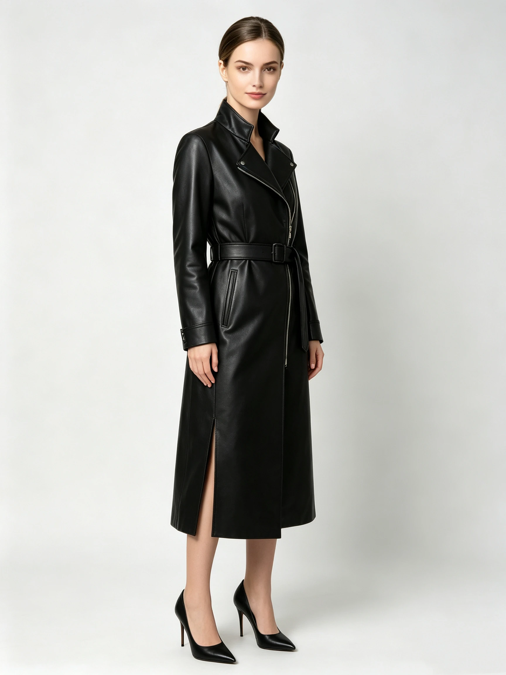 Women's Faux Leather Asymmetrical Zipper Trench Coat with Belted Waist and Stand Collar