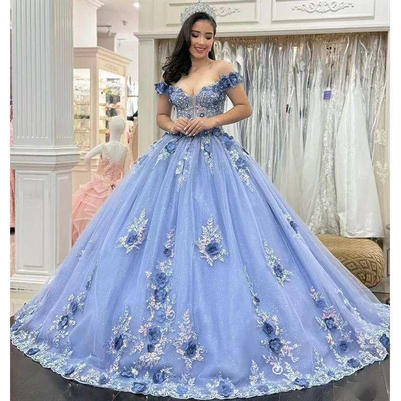 

High Quality Quinceneara Dress Embroidered Lace On Net With Sequins Princess Ballgown Off The Shoulder Customized Birthday Party