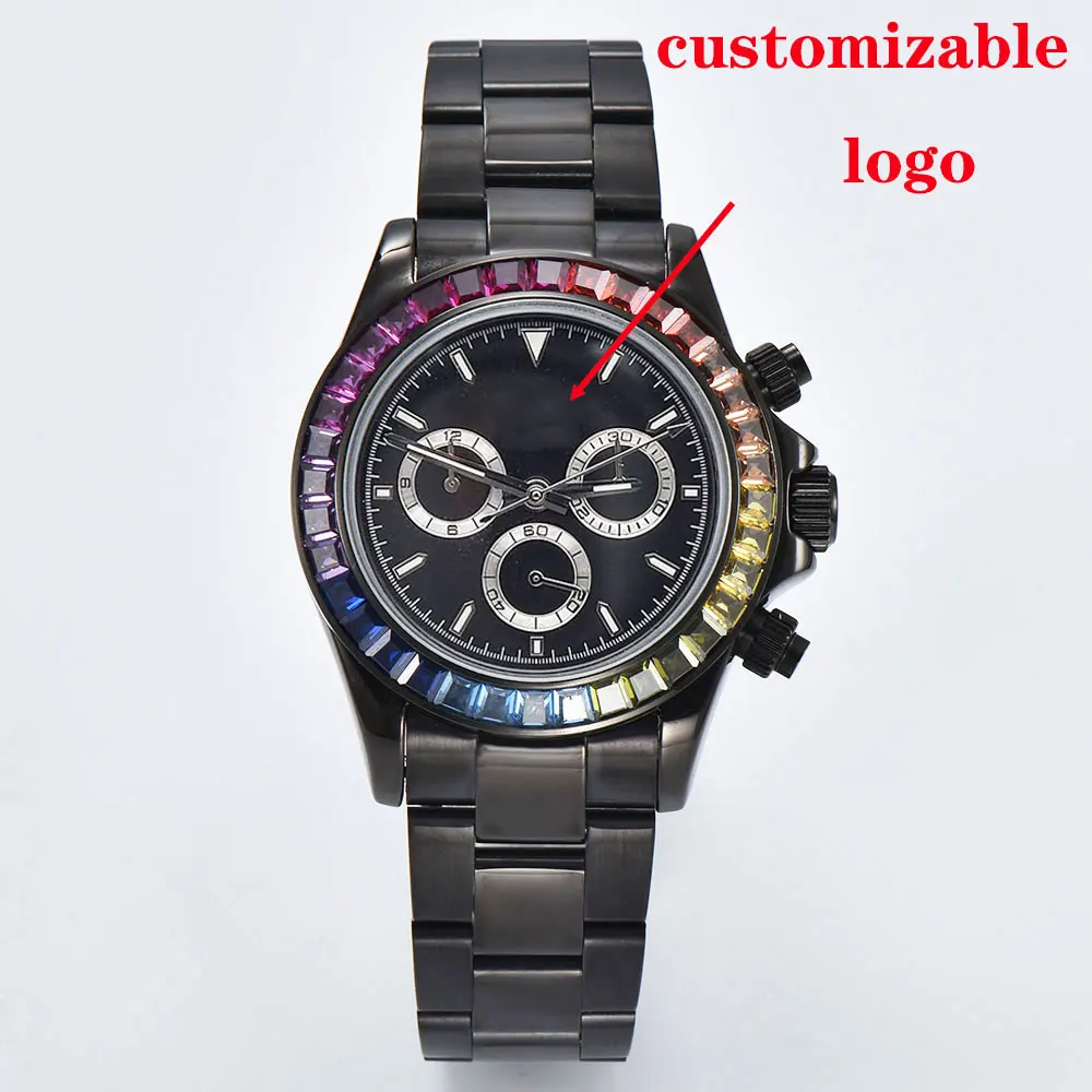 39mm relógio masculino de luxo 7750/4613d movimento mecânico automático cronógrafo moldura de pedra preciosa vidro safira relógio masculino preto