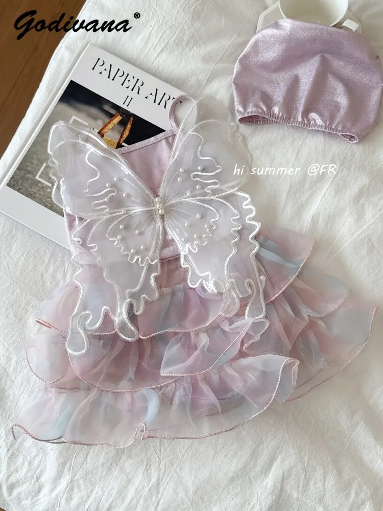 Sweet Baby Girls One Pieces Tulle Swimsuit 2026 New Summer Girls Butterfly Wings Fairy Princess Ruffle Swimwear with Swim Cap