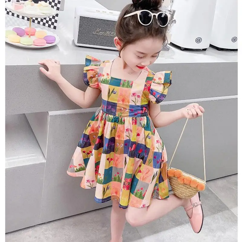 Summer Short Sleeved Plaid Bow Little Girl Floral Princess Dress for Children's Day Graduation Ceremony Sweet and Lovely Dress