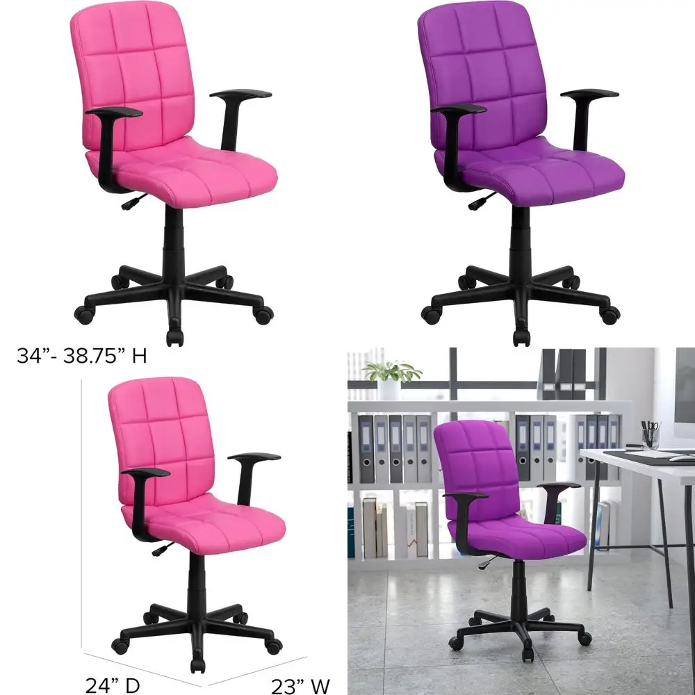 

Mid-Back Pink Quilted Vinyl Swivel Task Office Chair with Arms