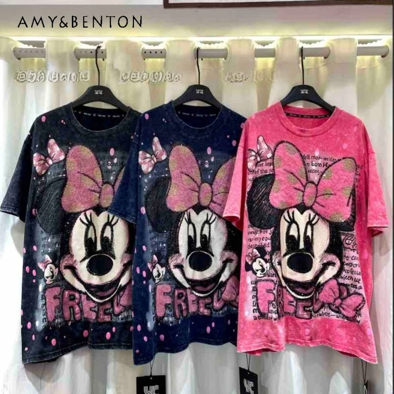 

Осень-зима, модные свободные футболки с героями мультфильмов, винтажные свободные пуловеры с короткими рукавами и цветными блоками, футболки, женская одежда Kawaii