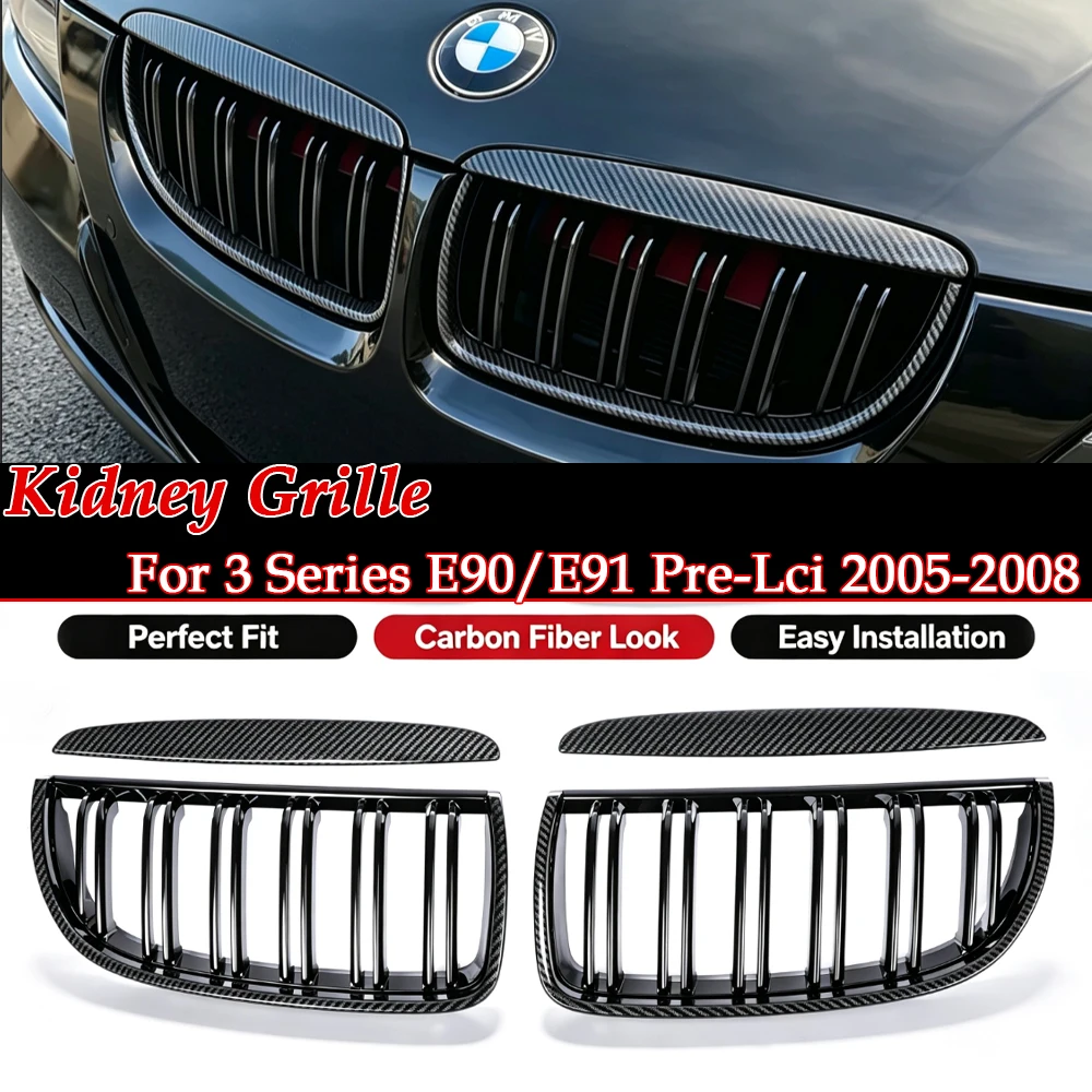 Carbon Fiber Look Gloss Black Grille Kidney Grill For BMW 3 Series E90 E91 Pre-Facelift 2005-2008 Sedan Touring 320 330 325i 335