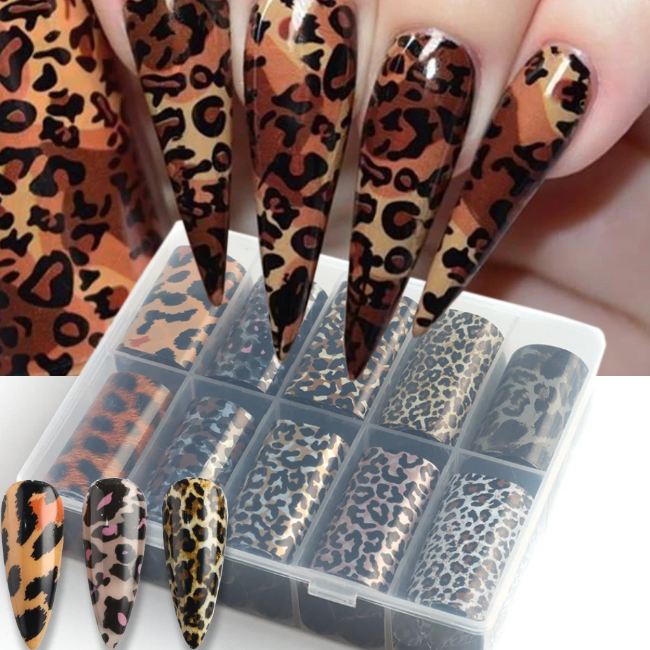 1Box-10Rolls Leopard Print Series Nail Sticker - Leopard Snake Print Nail Foils Decals Laser Starry Sky Paper Nail Decoration