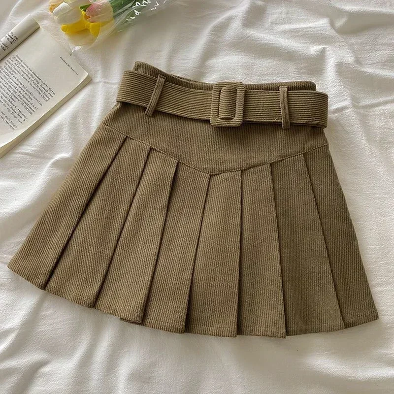 Falda plisada con cinturón de cordón para mujer, minifalda plisada con textura de pana y cinturón, traje escolar de Otoño Invierno para adolescentes y adolescentes