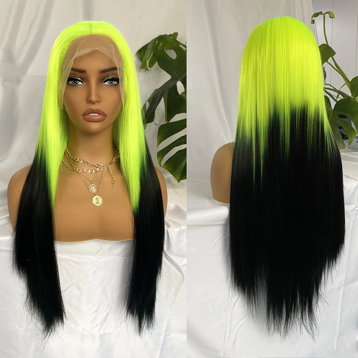 

Длинный прямой парик омбре от неонового до черного цвета, синтетические волосы, шелковистый, термостойкий, с кружевной передней частью 13x4, для женщин, для повседневного использования и косплея