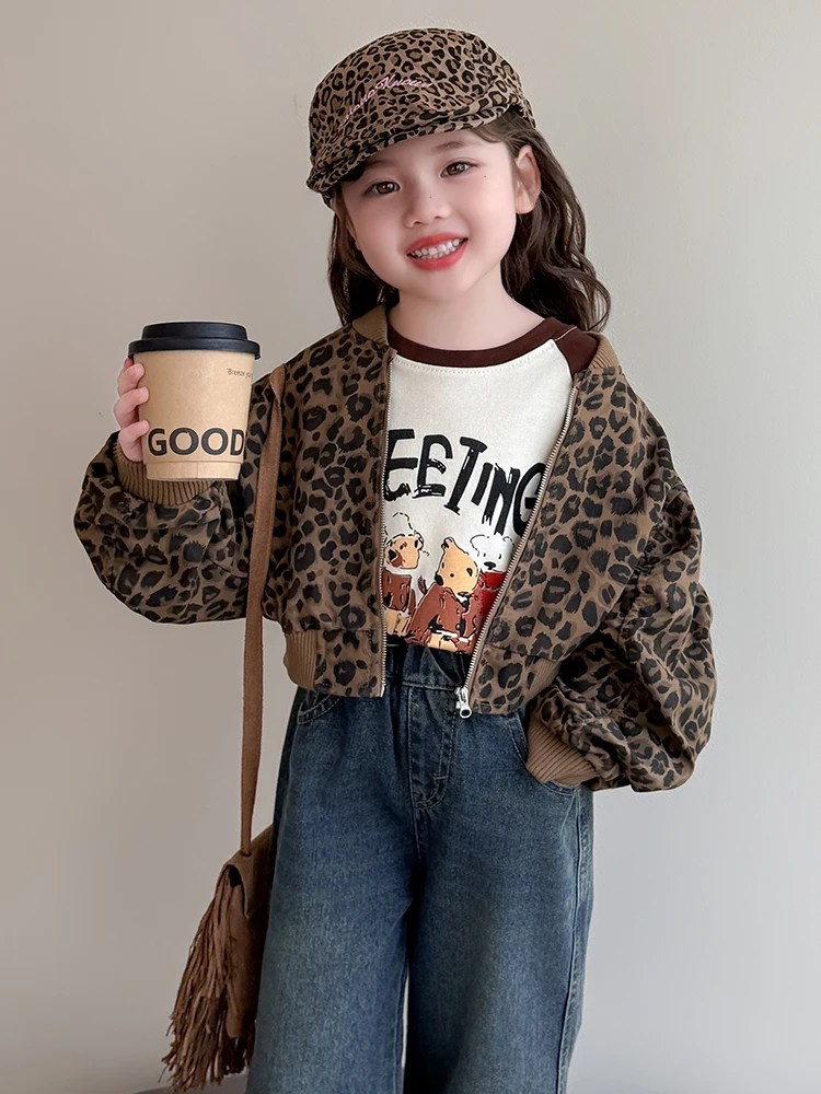 Niñas ort Svel Jaet primavera otoño cremallera larga Sve estampado de leopardo Casual suelta ajuste algodón niños Faion Top