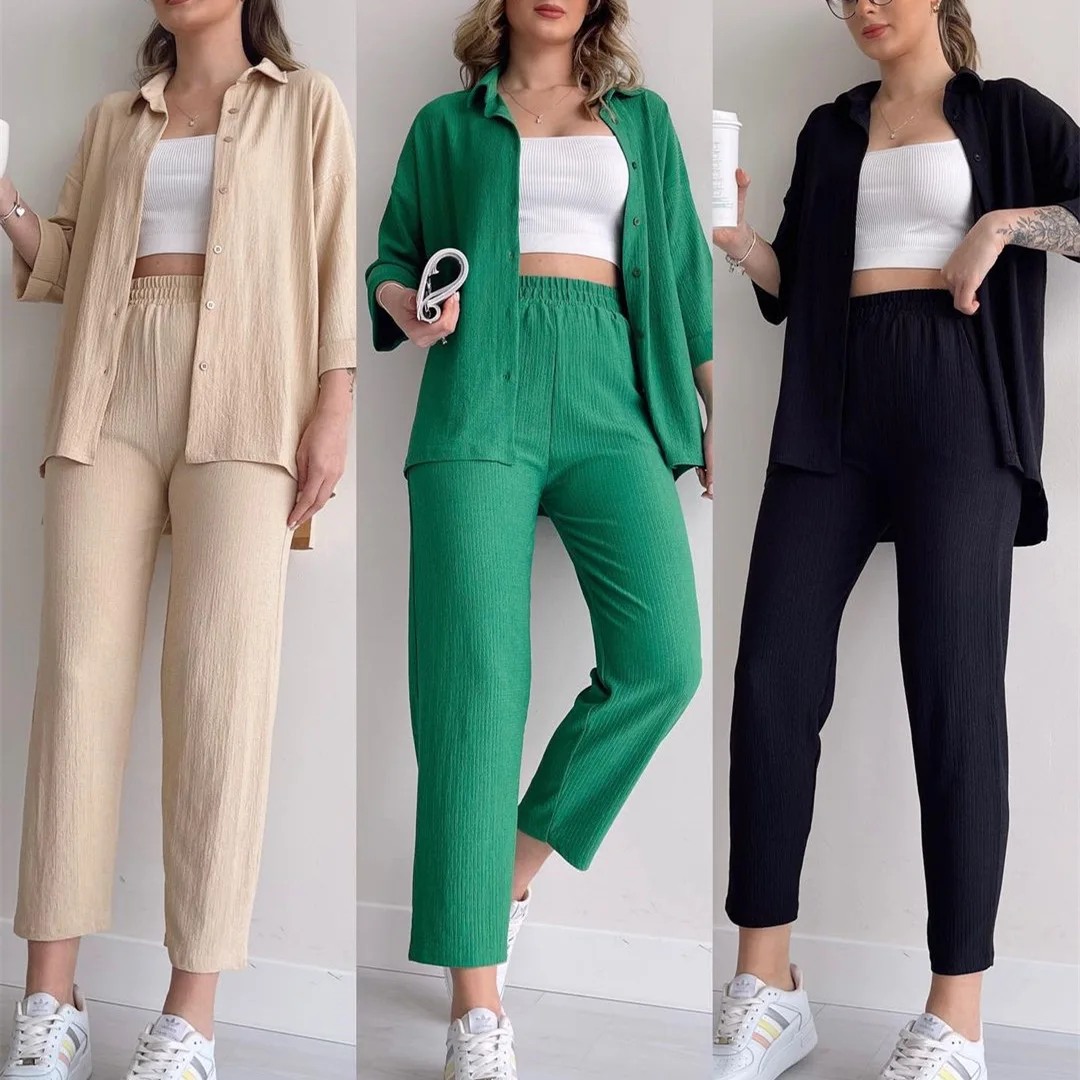 

2024 New Fashion And Casual Large Size Autumn Shirt High Waist Rubber Pants Women's Two Piece Set