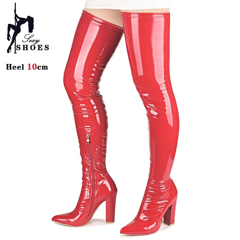 Pointed Toe Over-the-Knee Thigh High Women Boots Black Elastic Leather Chunk Heels Shoes For Woman Plus Size Long Boots Party