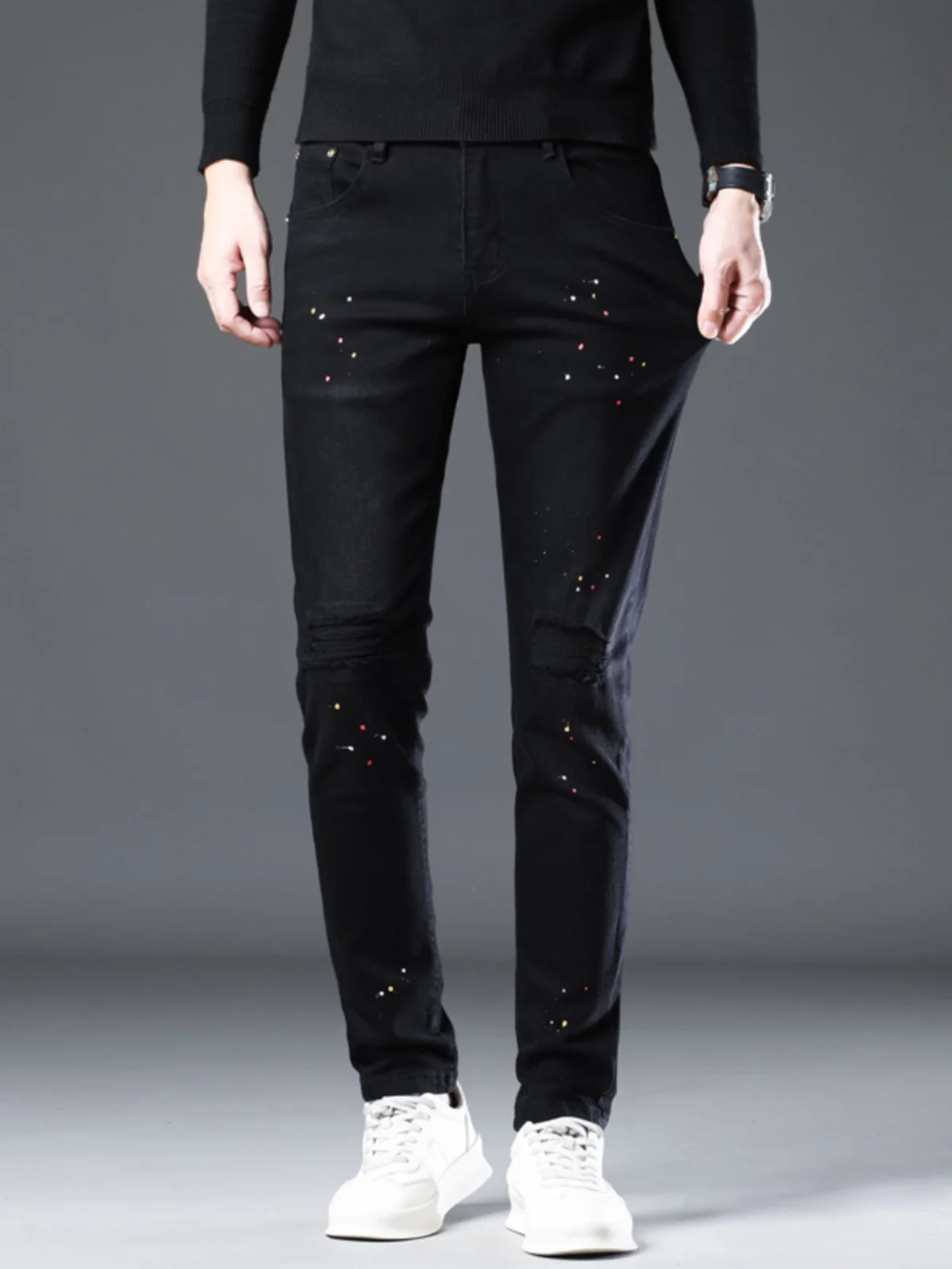 

Новые осенние мужские джинсы Slim Fit из денима с эффектом брызг краски и нашивками, повседневные узкие брюки, универсальные, износостойкие, хлопковые