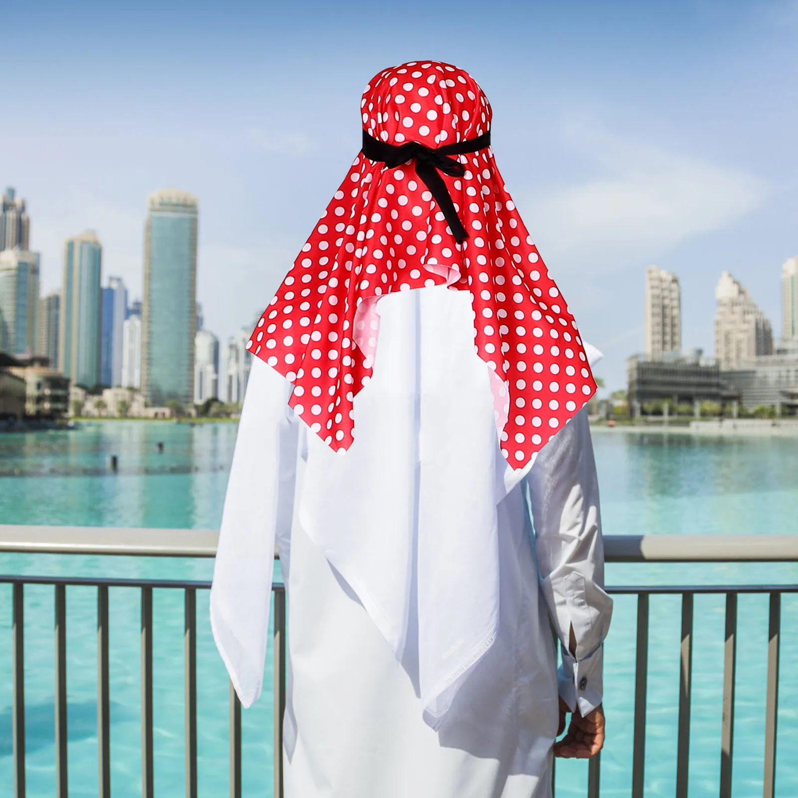 

Arabian Costume White Robe Red Headscarf Dubai Prince Style Adult Male Performance Stage Outfits Long Gown Mens Muslim Clothes