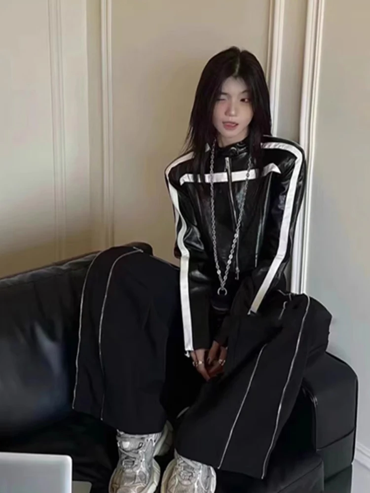 سترة من جلد البولي يوريثان قصيرة جدًا مخططة بحجب الألوان لسترة الدراجات النارية في الشارع عصرية جديدة للربيع