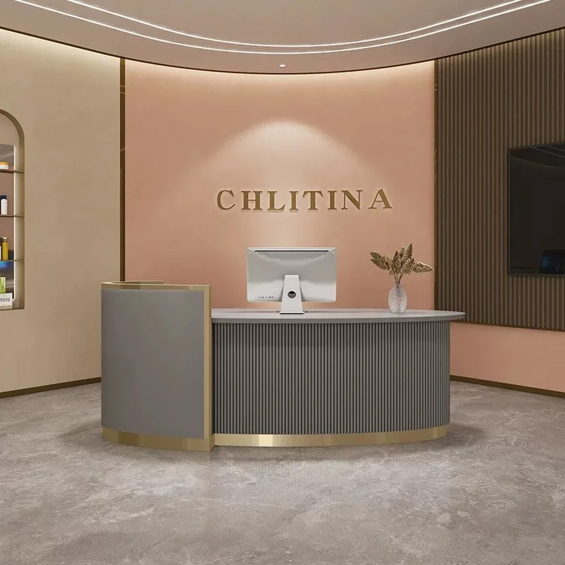 Modern Customized MDF Lacquered Curved Reception Desk Reeded Body LED Lit For Beauty Salon School Hospital Office Building