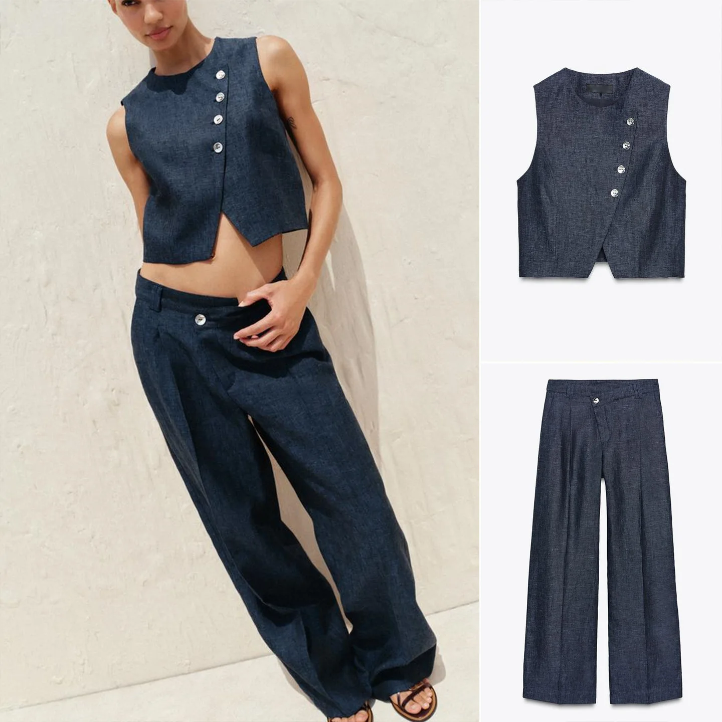 

Casual round Ne Svel Vest Linen Blend Double Breasted Waist Cross Waist Long Pants Polyester Fiber Summer Faion