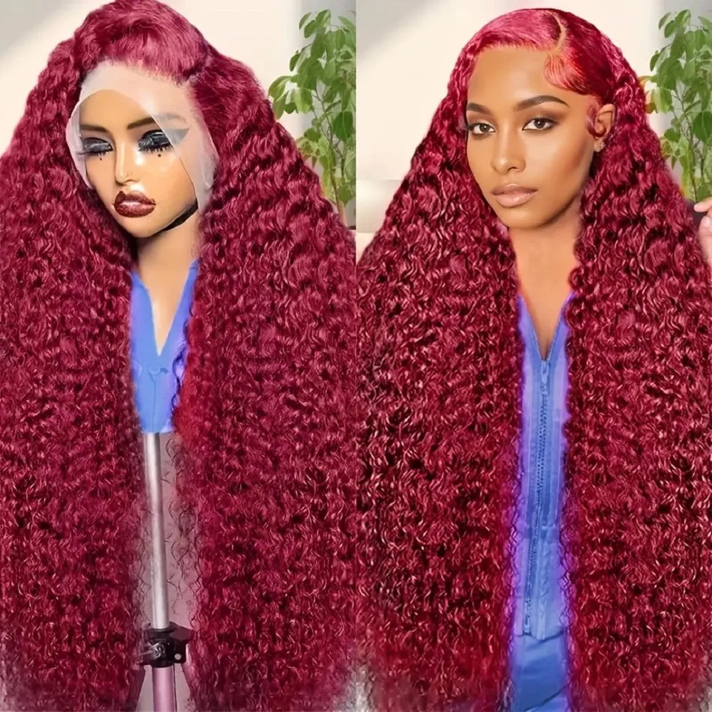 

Парик из натуральных волос 200 Density Burgundy Deep Wave, цвет 99J, 13x4, 13x6, HD, с эффектом водной волны, полностью на кружевной основе, для женщин, 46 дюймов