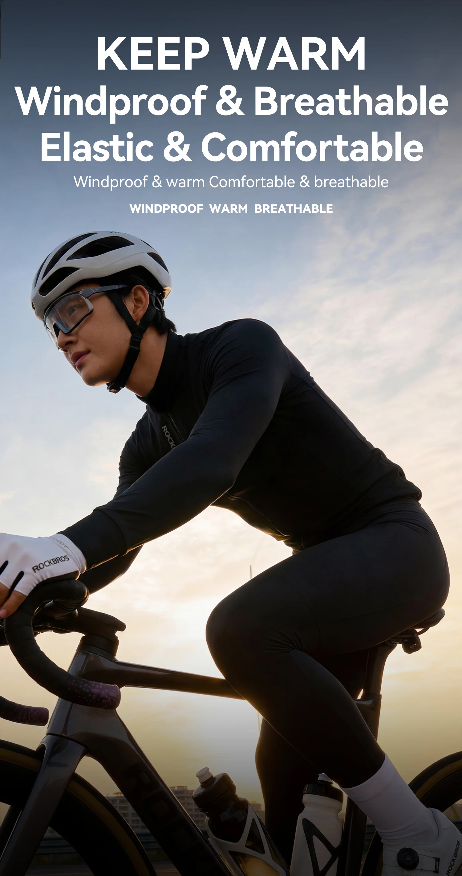 ROCKBROS Winter Thermo-Radtrikot aus Mischgewebe, winddicht, warm, wärmespeichernd, Outdoor Slim Fit Herren-Radtrikot – Detail 1