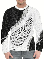 2024 new men's long-sleeved T-shirt 3D printing HD Maori silver fern white printing men's autumn tops casual round neck street